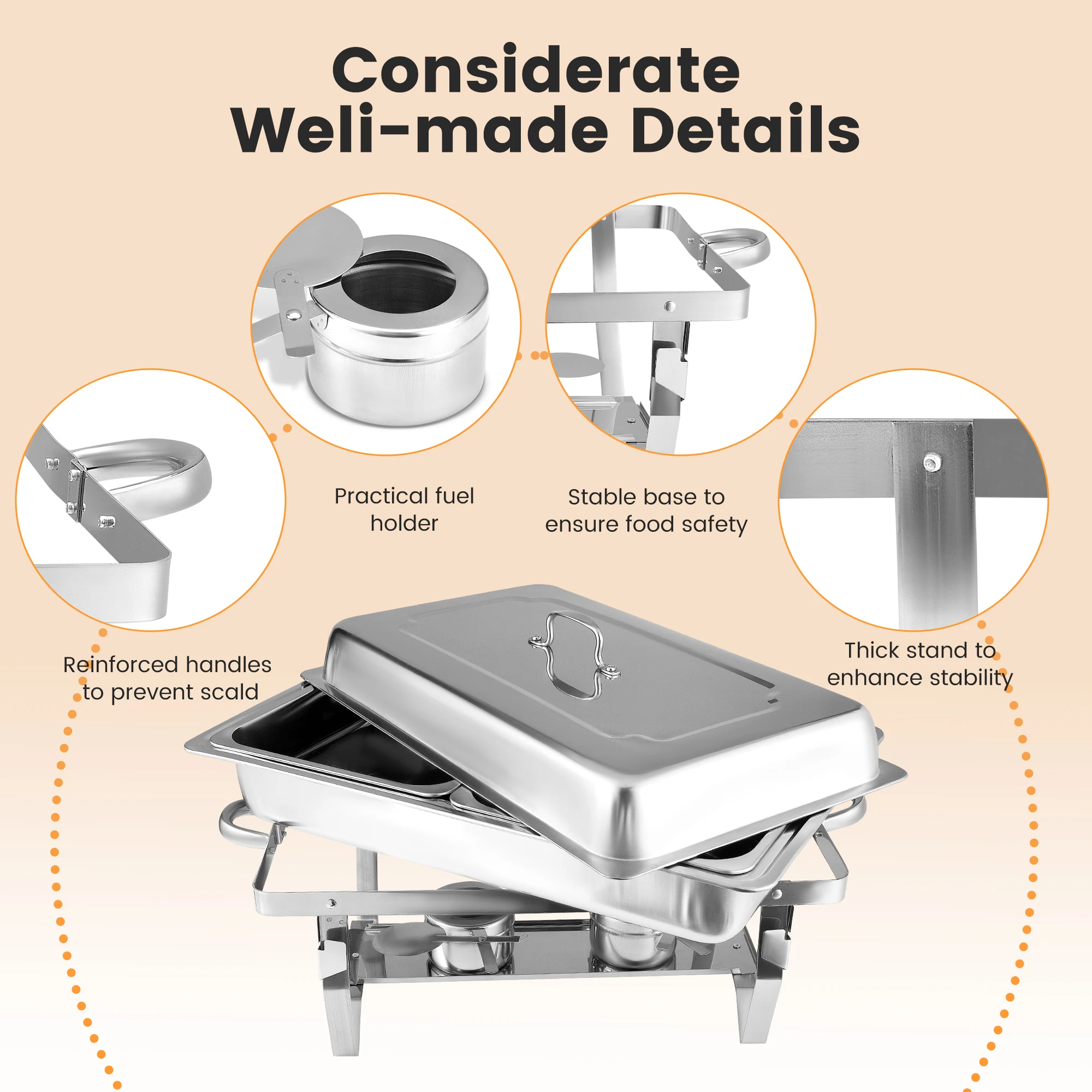 9L Foldable Stainless Steel Square Buffet Stove Dish Set Container Food Warmer Rectangular Chafing Dish Full Buffet Catering