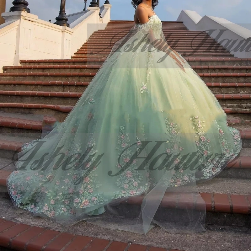 Customized Elegant Lime Green Flower Applique Lace Up Ball Gown Prom Party Dress Vestido De xv Anos Quinceanera Dres Wth Cape