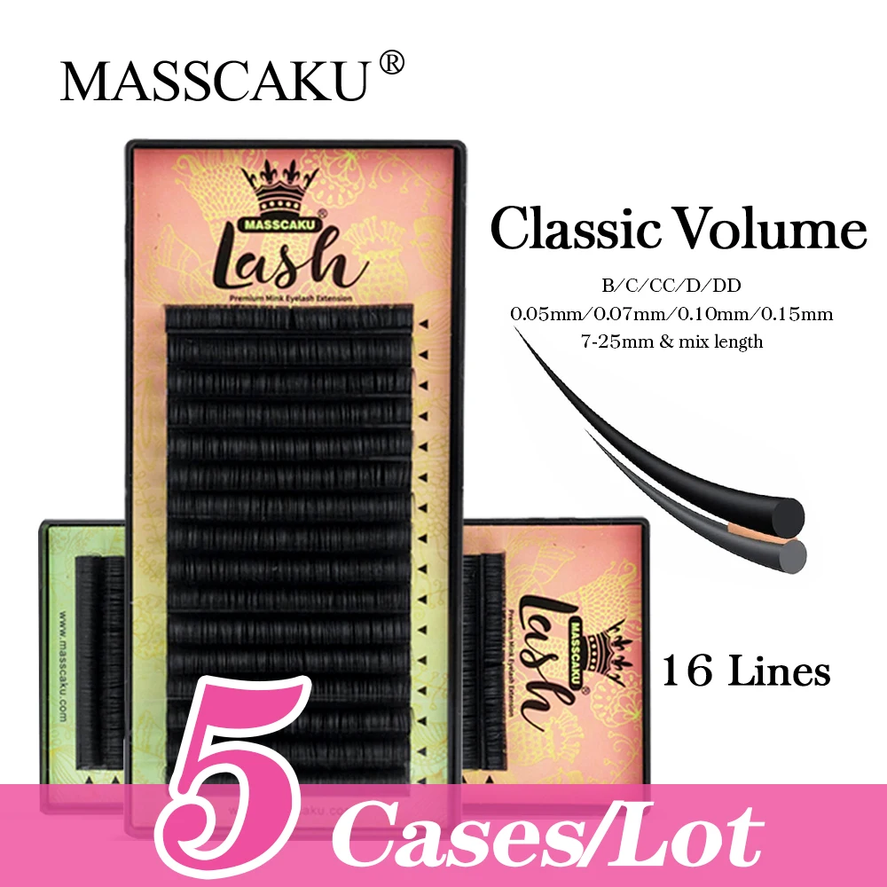 MASSCAKU 5Cases/lot 16Lines High Quality Natural Classic Volume Eyelashes Extension Faux Mink Soft 8-25mm Black Eyelash Makeup