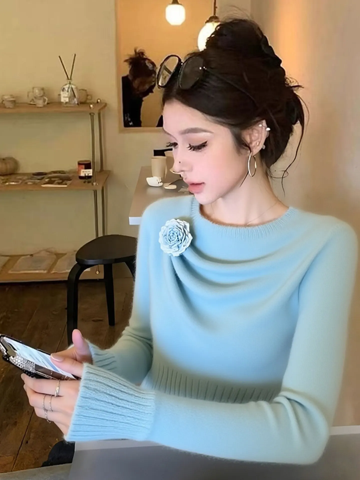 

Ele European Sle Long Sve Knitted irt with 3D Flower Design Base Layer Top for Women Commute Korean Sle Slim Fit