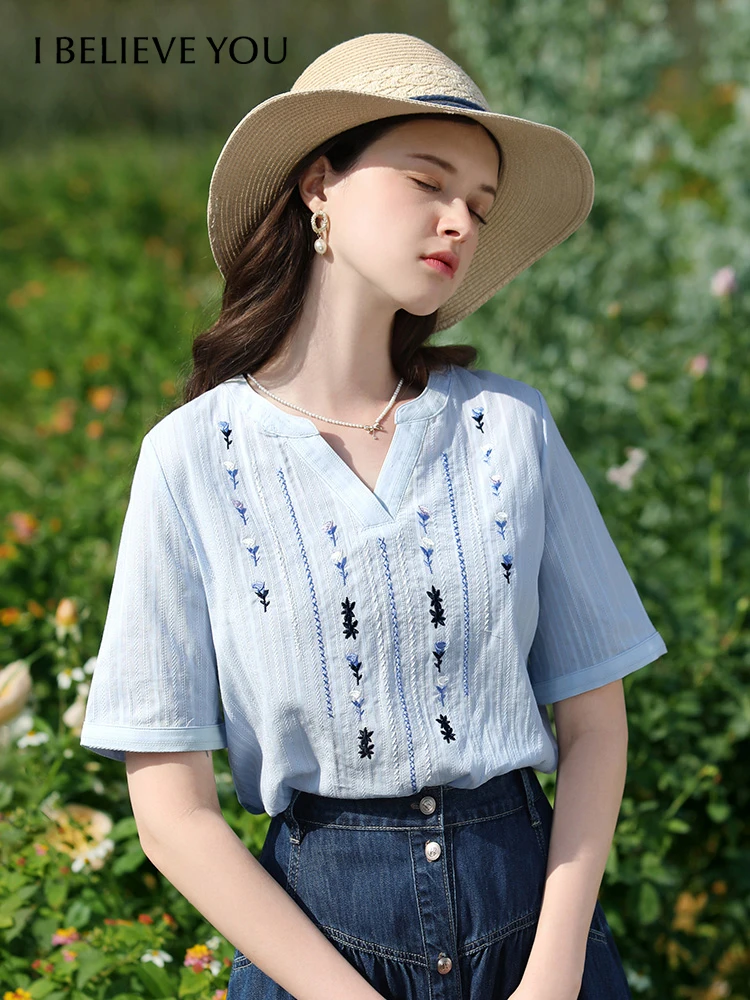 I BELIEVE YOU Shirt & Blouse For Women V-neck Cotton Embroidery Short Sleeve Female 2024 Summer New Retro Chic Blouse 2242055629