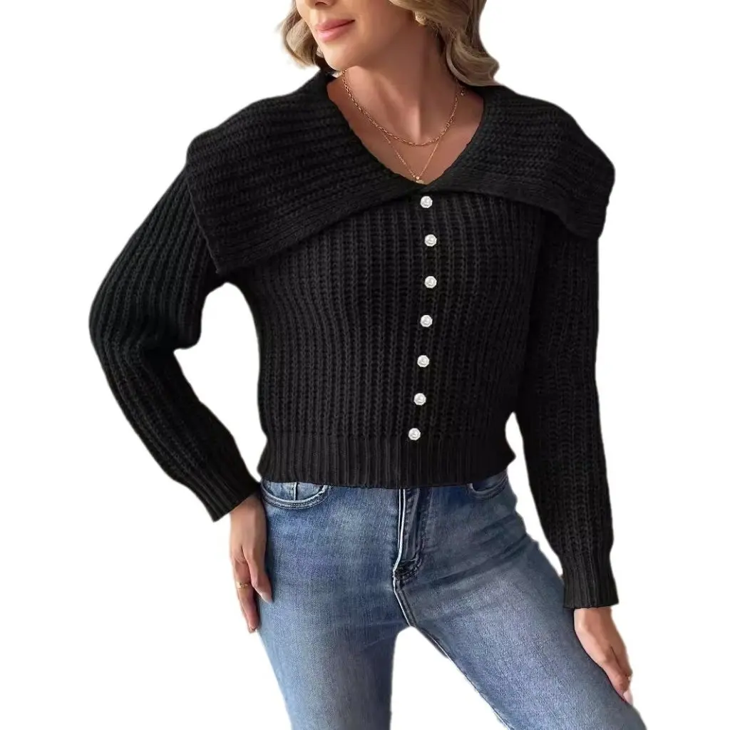 

Women's Pearl Beaded Sweater Short Top Large Lapel Pullover for Autumn Winter European And American Style Fashion