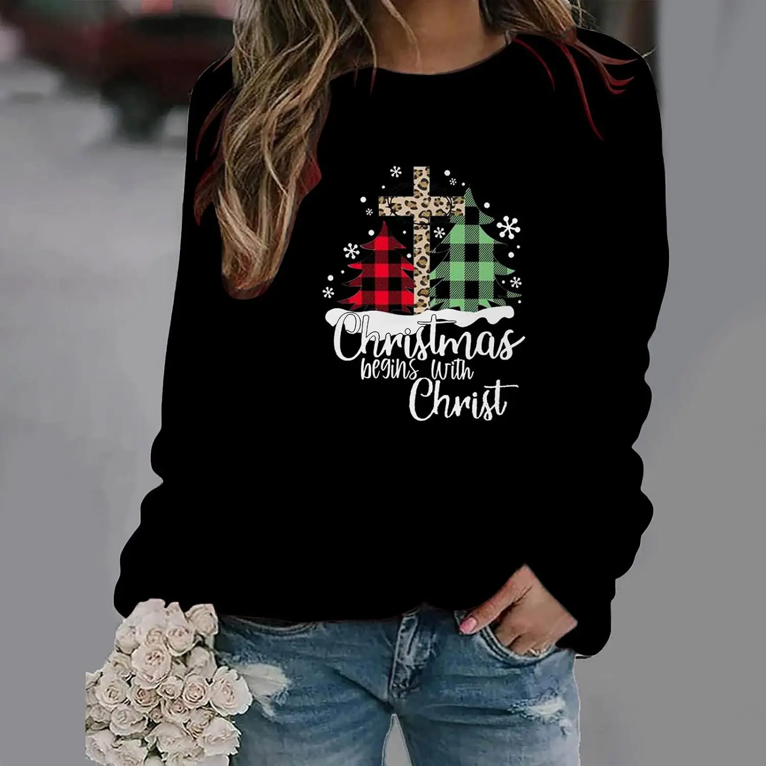 Womens Plus Size Christmas Tops Cute Print Long Sleeve Shirts Christmas in July Decorations 2023