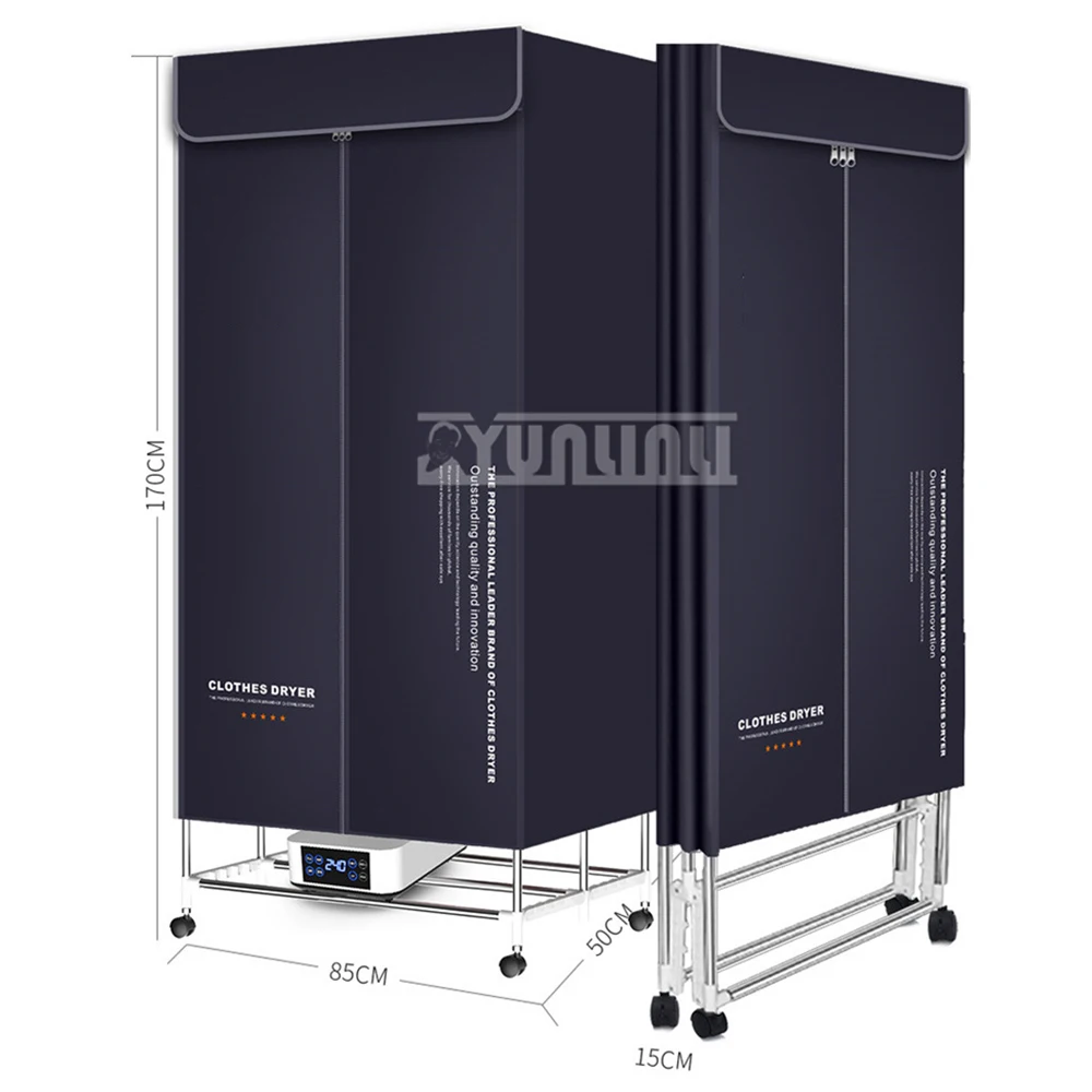 Pengering pakaian rumah tangga portabel 1500W, pengering pakaian rumah tangga kapasitas besar dapat dilipat 8 kunci Remote Control 3 lapis kering