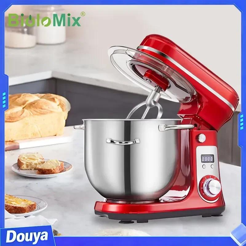 BioloMix 1200W Kitchen Stand Mixer 6L Capacity Quiet DC Motor 6-Speed Functions for Blending Whisking And Kneading
