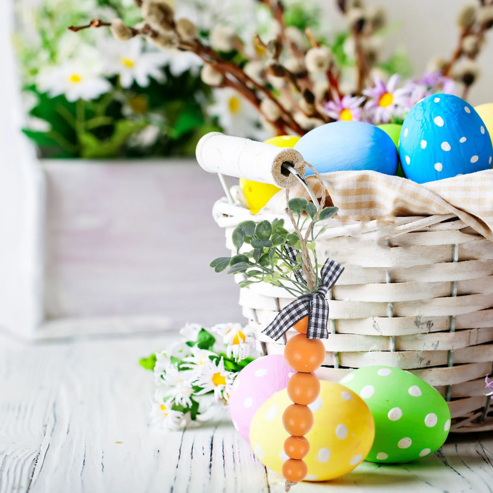 

8Pcs Easter Carrot Wooden Bead Garland Hanging Decoration Party Rustic Tiered Tray Home Hanging Ornament Wooden Bead Carrots