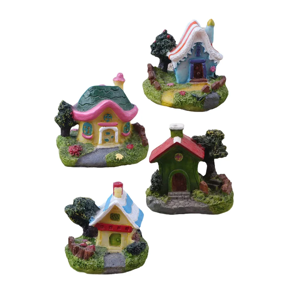 

4 Pcs Fairy Tale Cottage Garden Ornaments Resin Miniature Houses Shape Decors Micro Landscape Decorations Home Desktop