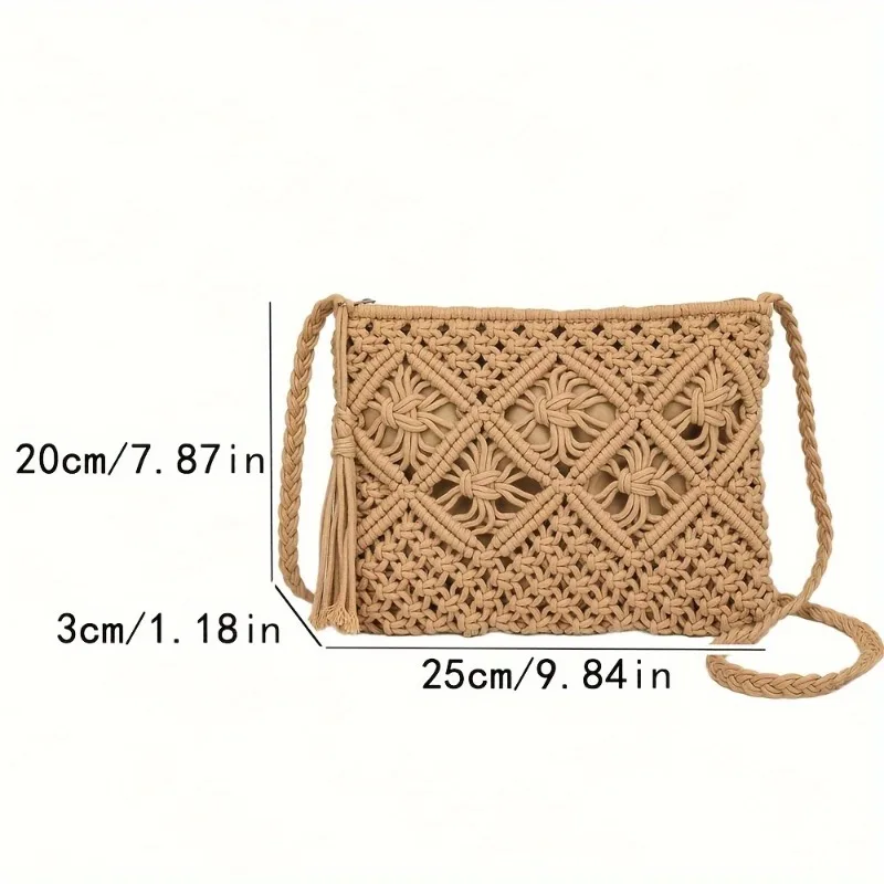 Handmade Bohemian Woven Rope Crossbody Bag with Tassel Detail, Summer Beach Clutch Shoulder Bags for Women, Geometric Design view 6