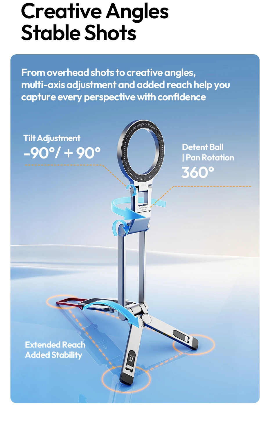 Ulanzi MA67 Overhead-Selfie-Stick mit Griff, magnetischer dreifach faltbarer Handyhalter für iPhone 17, 16, 15, Xiaomi, Huawei, für Vlog-Videos – Detail 7