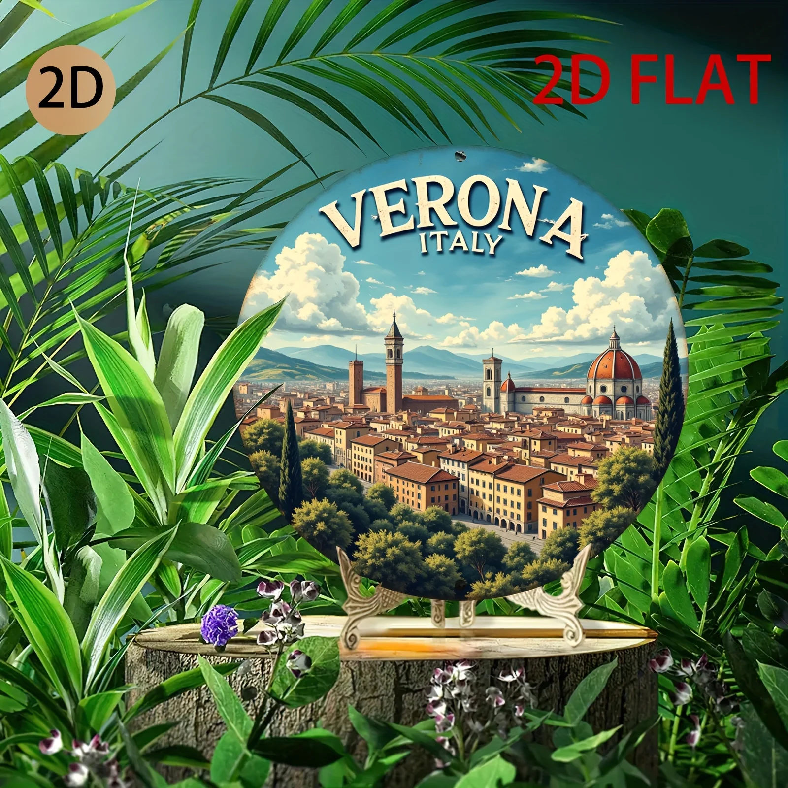 2D Flat, Retro Verona Italy Cityscape Wall Art - Circular Aluminum Metal Sign with Vintage Italian Architecture Design, Perfect