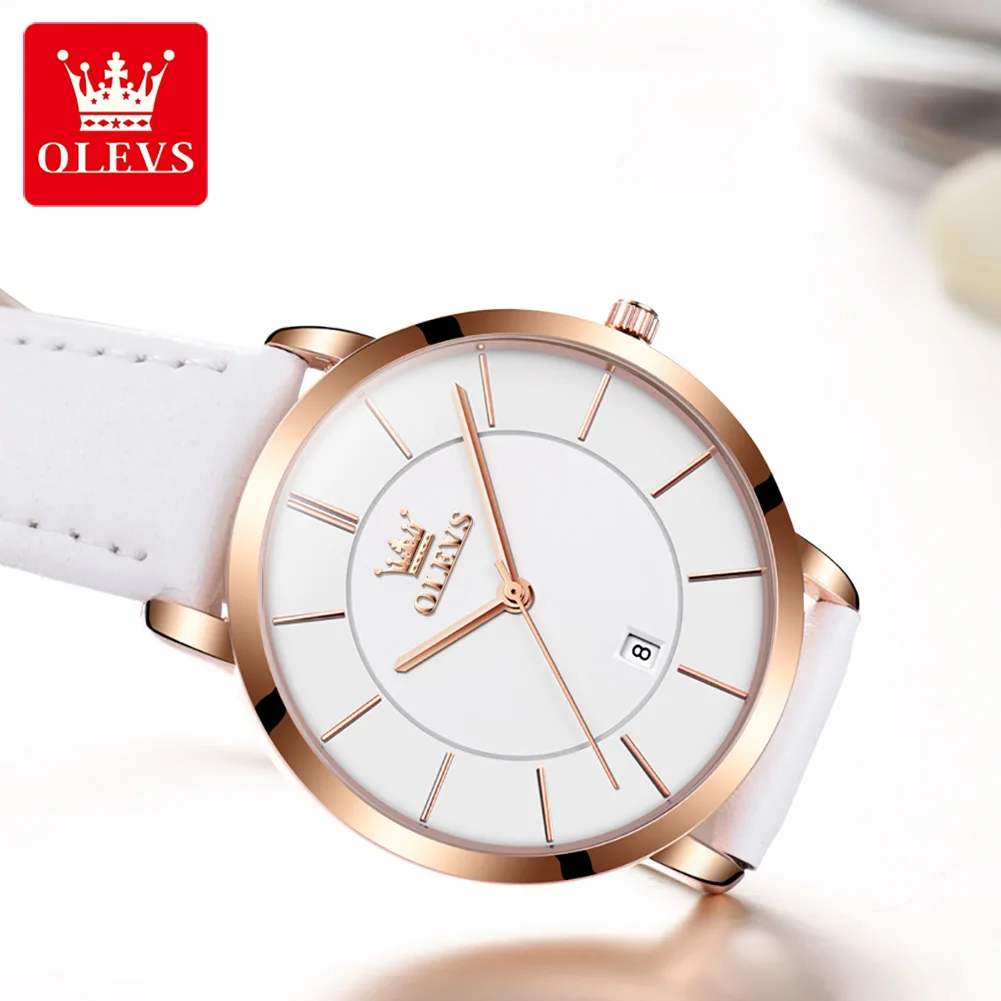 OLEVS New Leather Strap 6.5mm Ultra Thin Quartz Watch for Women Big Face Waterproof Ladies Elegant Wristwatches Relogio Feminino