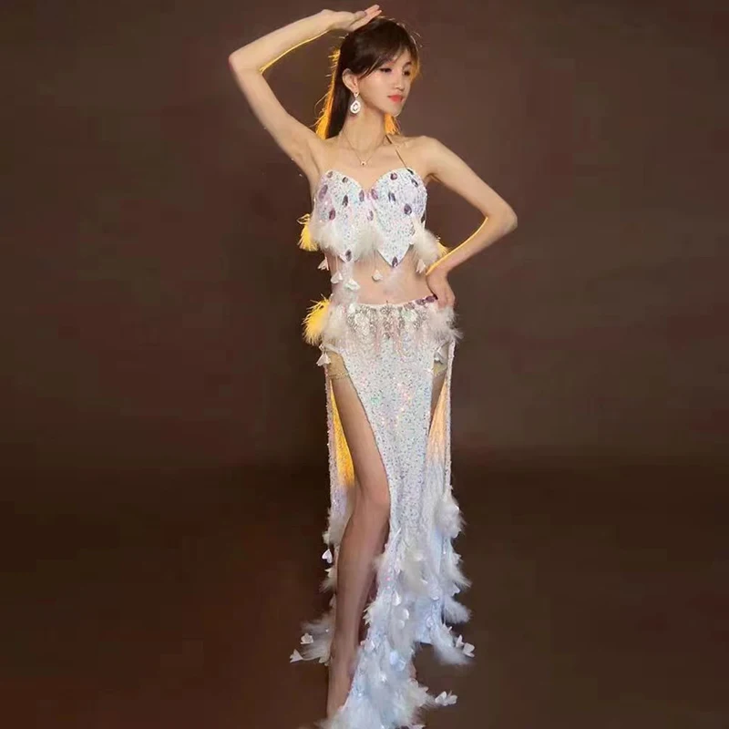 Belly Dance Suit Diamond Bra Belt White Feather Long Skirt Performance Set High-End Custom Adult Competition Clothing