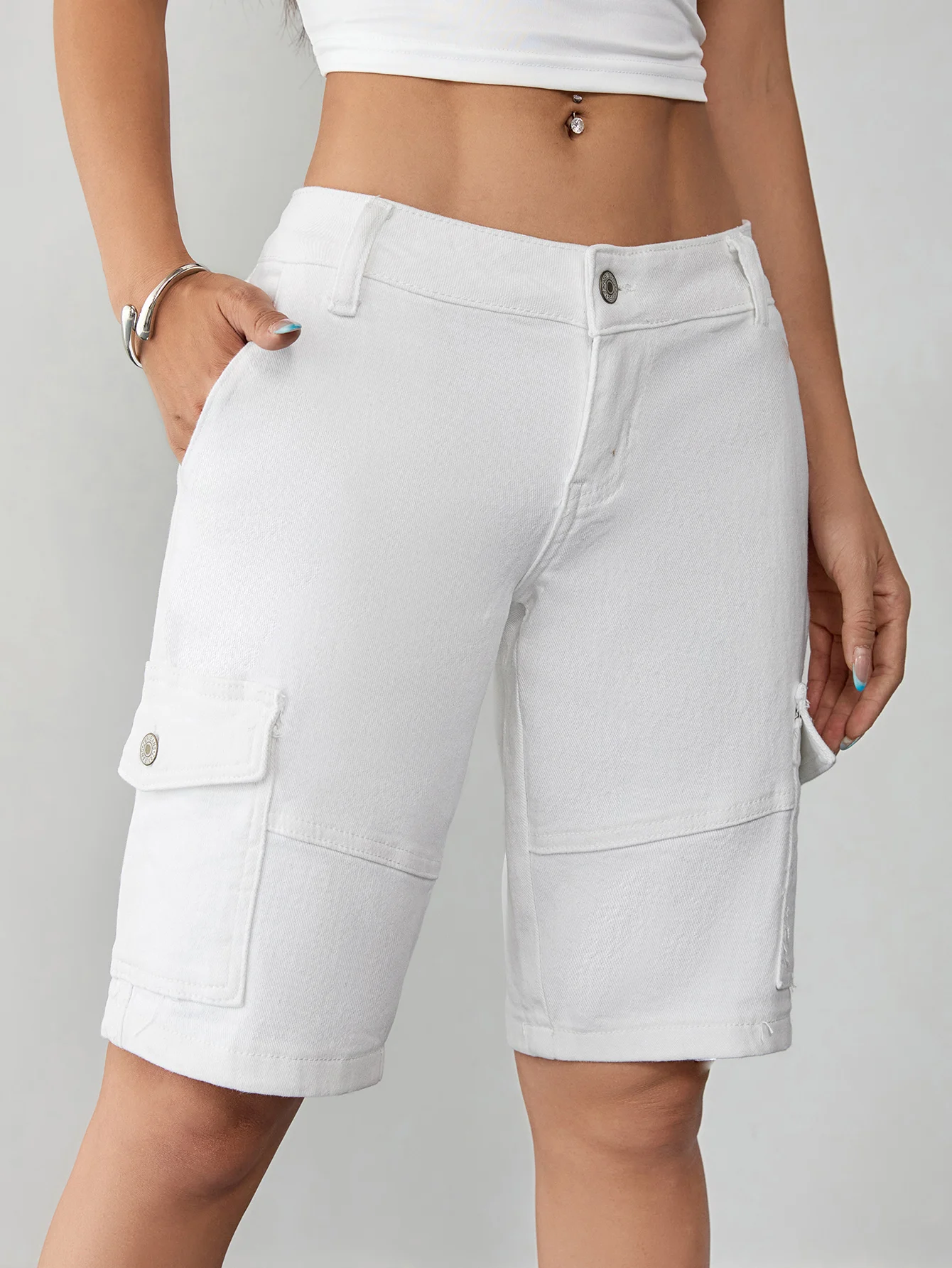 Calça jeans cargo feminina estilo rua cintura alta calça jeans casual de comprimento médio