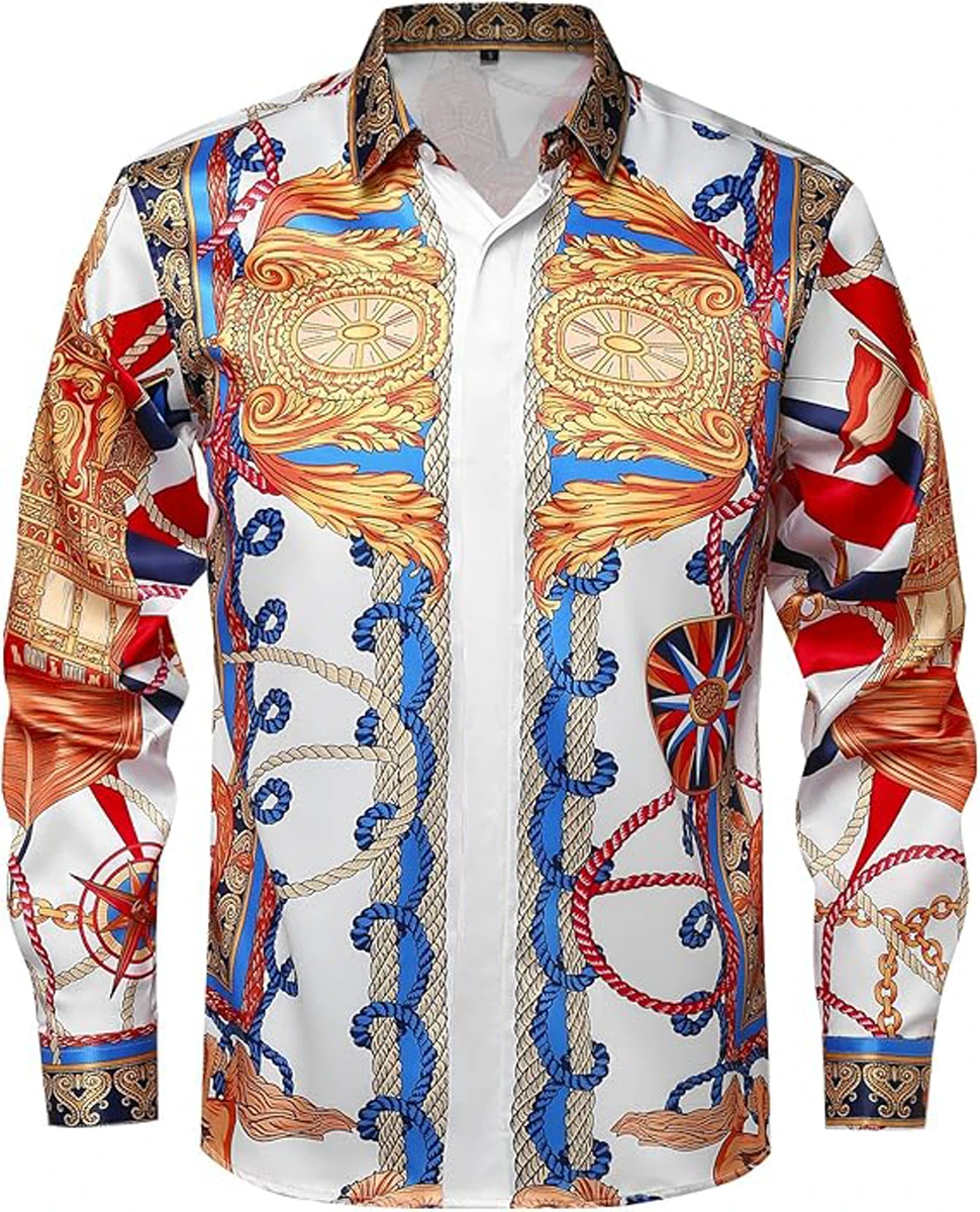 الرجال الأوروبي الباروك نمط ثلاثية الأبعاد قميص مطبوع كم طويل طوق هاواي قميص غير رسمي في الهواء الطلق حفلة الحد الأدنى ملابس الرجال #5