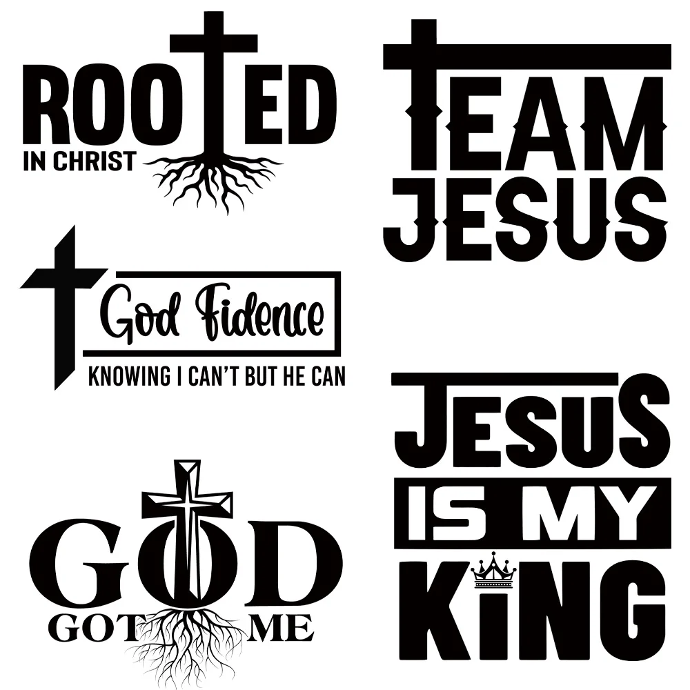 

5PCS Black letters Jesus Heat Stickers On T-shirt DIY Washable Iron On Transfers For clothing Decorated With God Design Patches