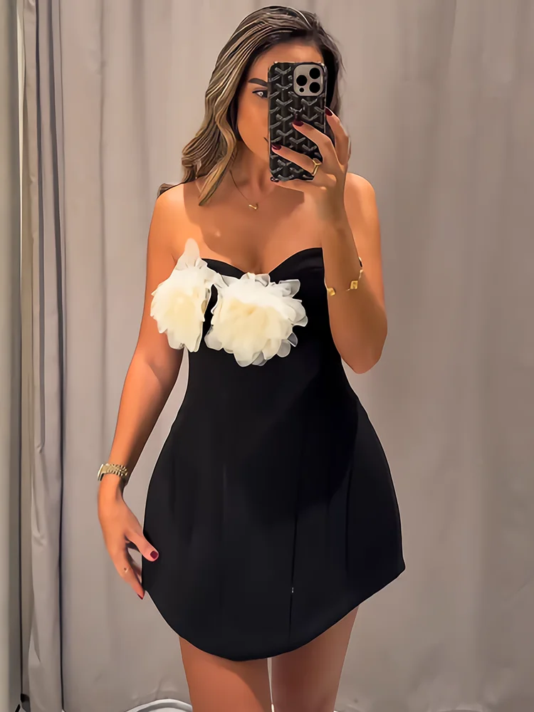 Trendix Abito da donna con top a tubino a fiori 2026 Abiti corti senza maniche slim patchwork Party Abito elegante senza spalline con spalle scoperte sexy