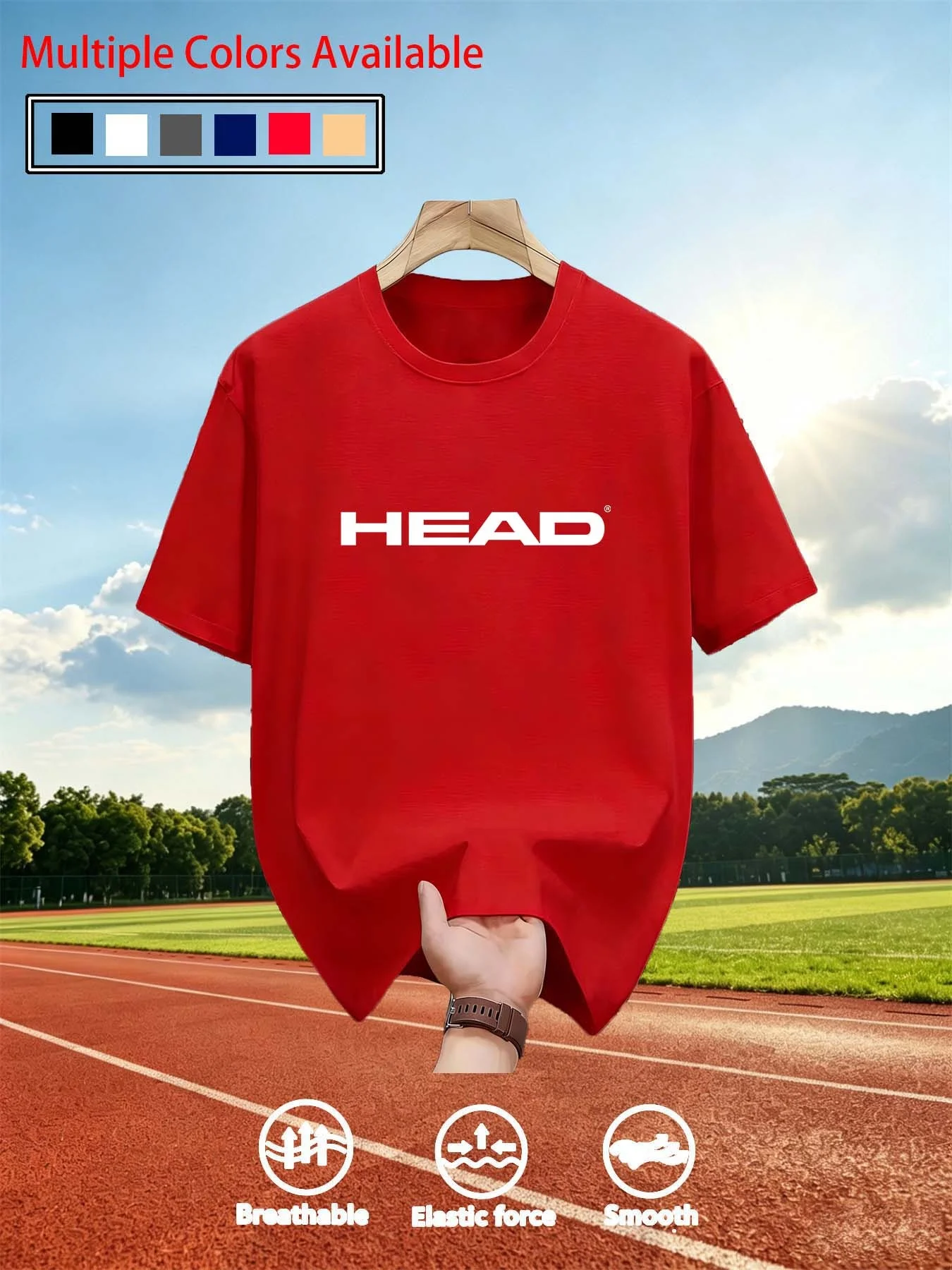 HEAD Men’s T‑Shirt Short Sleeve Top Multi Color Crew Neck Letter Print Breathable Fabric For Tennis Training Daily Outdoor Sport
