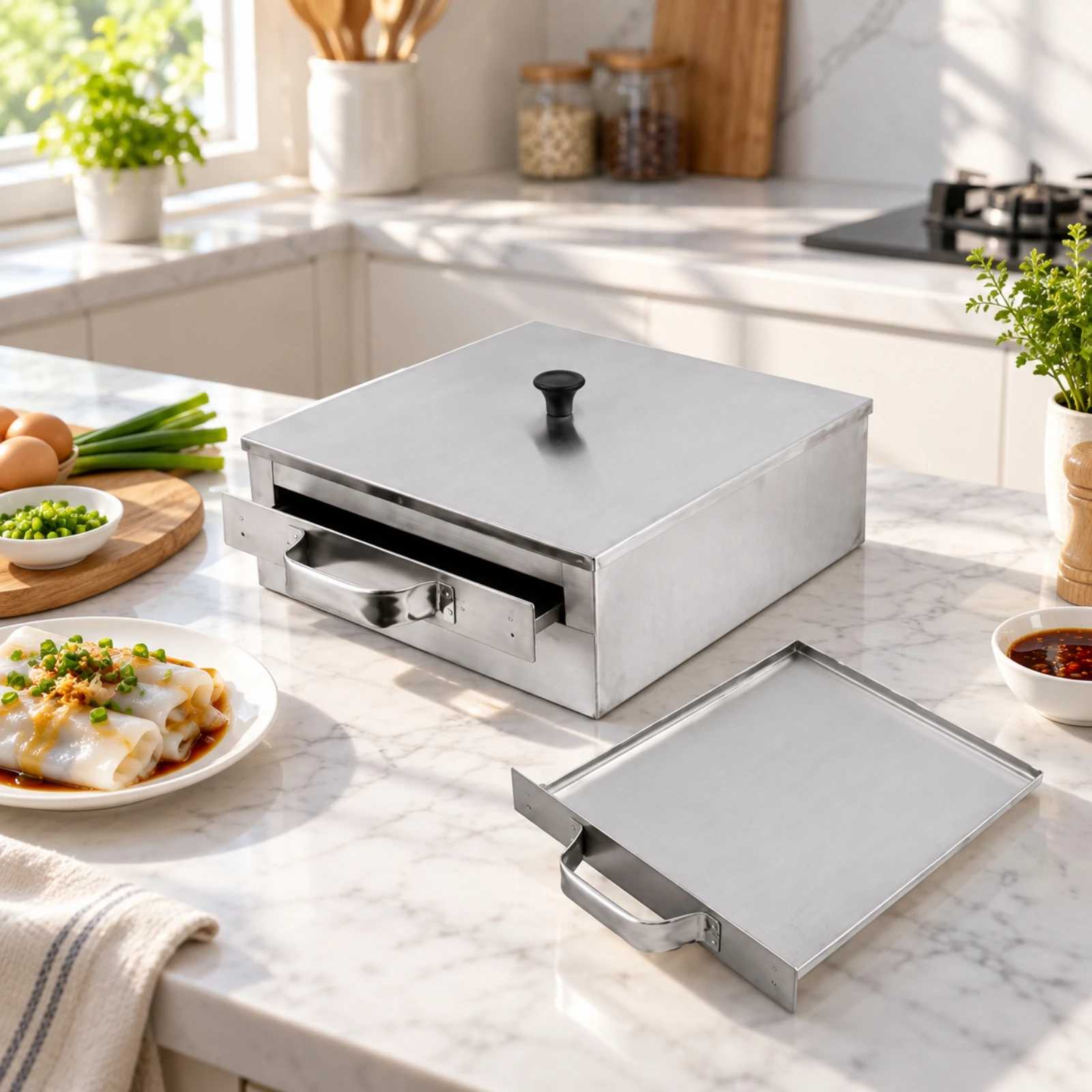Countertop Rice Noodle Steamer with Pull-out Drawer Compact Kitchen Appliance