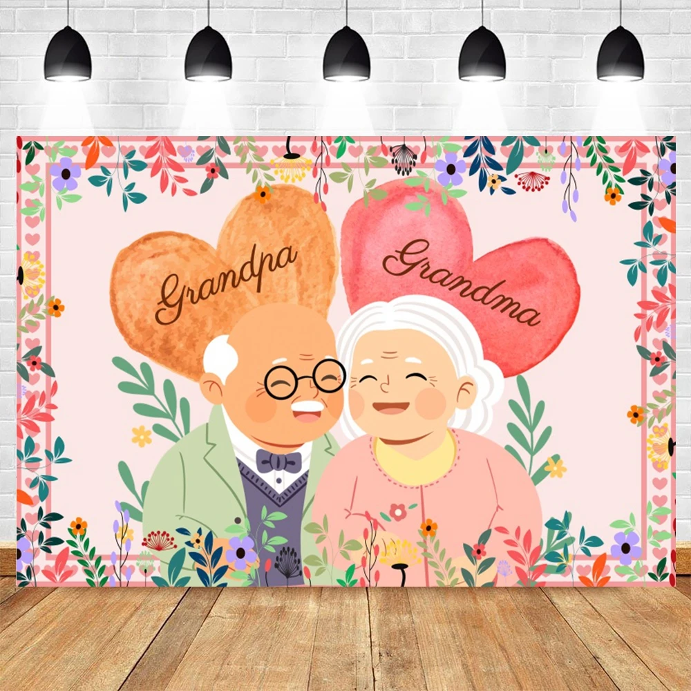 Happy Grandparents Day Decor Backdrop Best Grandparents Ever Cartoon Cartoon Grandpa Grandma Flowers Balloons Photo Background