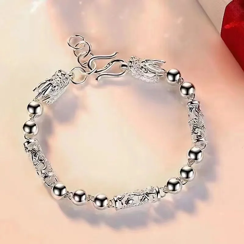 

999 pure silver men's dragon head Buddha bead bracelet, bold and domineering, simple and personalized couple jewelry gift