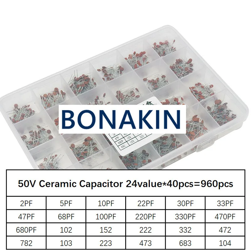 Kit surtido de condensadores cerámicos, conjunto surtido de condensadores de cerámica, caja, 960 piezas, 24 valores x 40 piezas = 960 piezas 50V