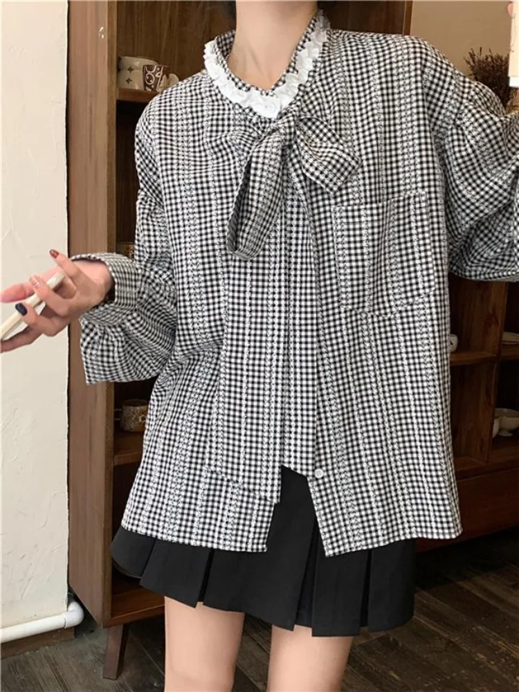 Y2k Lace Patchwork Plaid Blouses Women Clothes Camisas De Mujer Bandage Summer Korean Chic Shirts Casual Fashion Oversized Tops