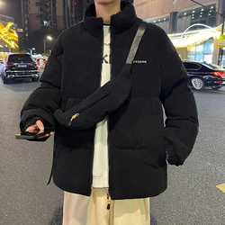 Winter Harajuku Men Parkas With Bag Corduroy Thick Warm Solid Padded Jacket Vintage Stand Collar Loose Down Coat Male Streetwear