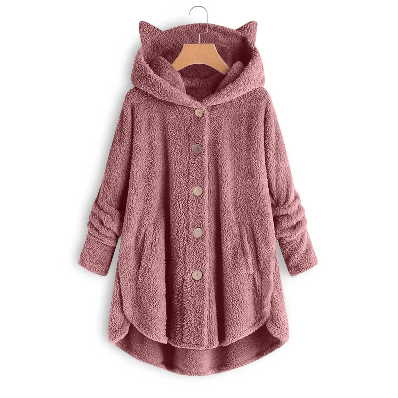 Cappotto invernale da donna con bottoni con cappuccio orecchio di gatto peluche Top irregolare giacca di colore solido di marca alla moda per le donne cappotti di piume Parka