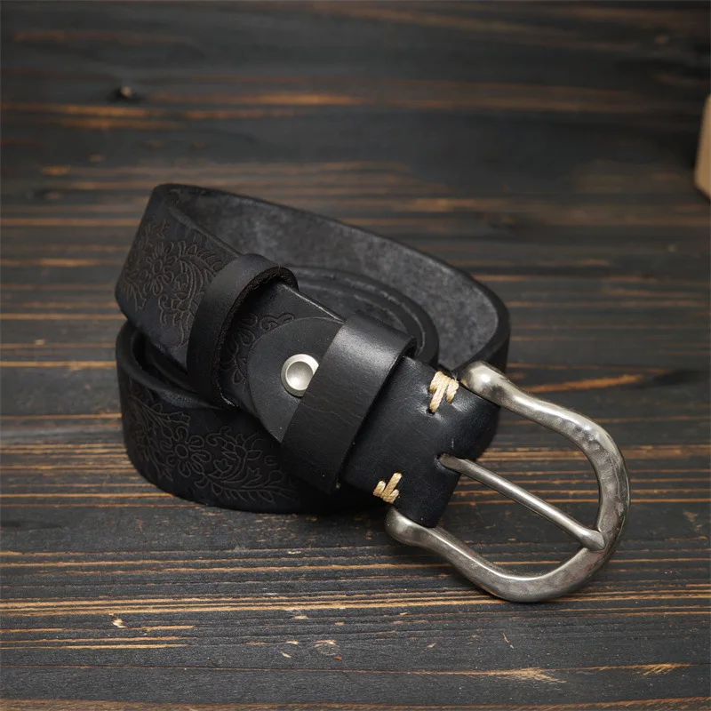 Men's thickened pure steel hand-carved color-brushed retro belt versatile casual top layer pure cowhide belt