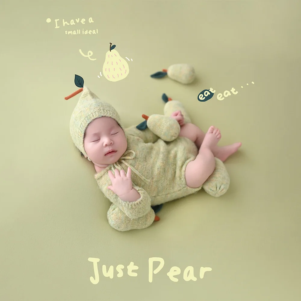 

0-1 Month Baby Costume Knitted Long Sleeve Jumpsuit Pear Shaped Hat Handmade Knit Fruit Pear Props Baby Studio Photo Shoot Theme