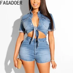 Fagadoer-conjunto de duas peças jeans azul para mulheres, top curto com gola e shorts, estilo cowboy casual, fashion, 2 peças