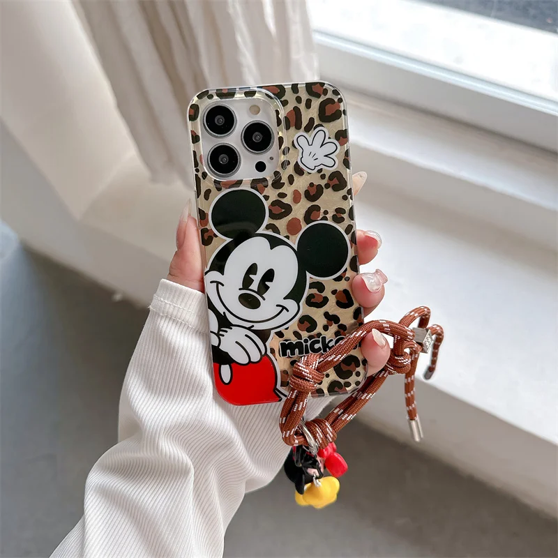 Cartoon Leopard Print Cute Mickey Minnie Phone Case For iPhone 13 14 15 16 Pro Max Funny Couple Disney Doll Lanyard Wrist Strap