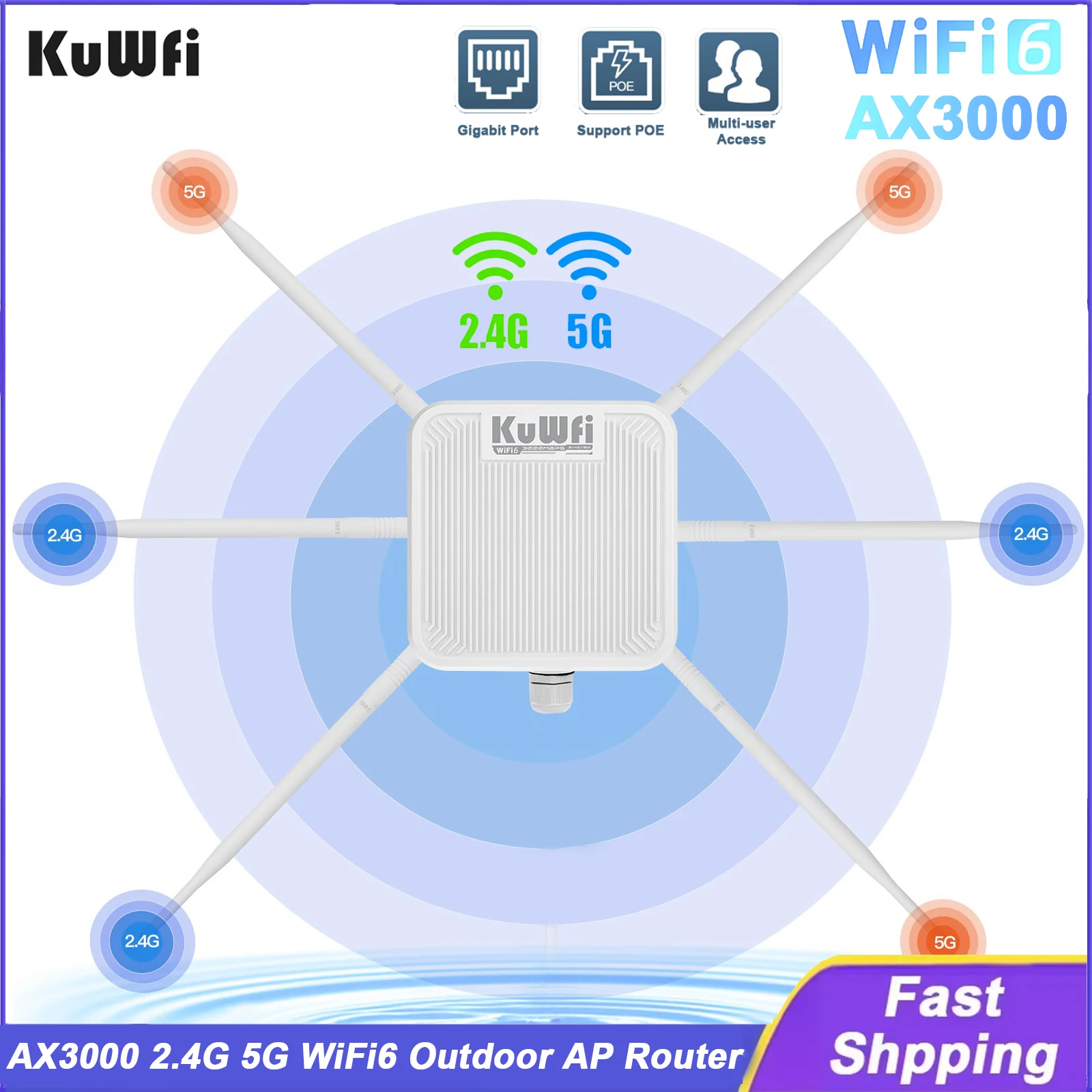 

KuWFi AX3000 Outdoor AP Router 2.4G 5.8G Dual Band WiFi 6 Gigabit Port with High-Gain Antennas AP Repeater MESH IP67 for Stalink