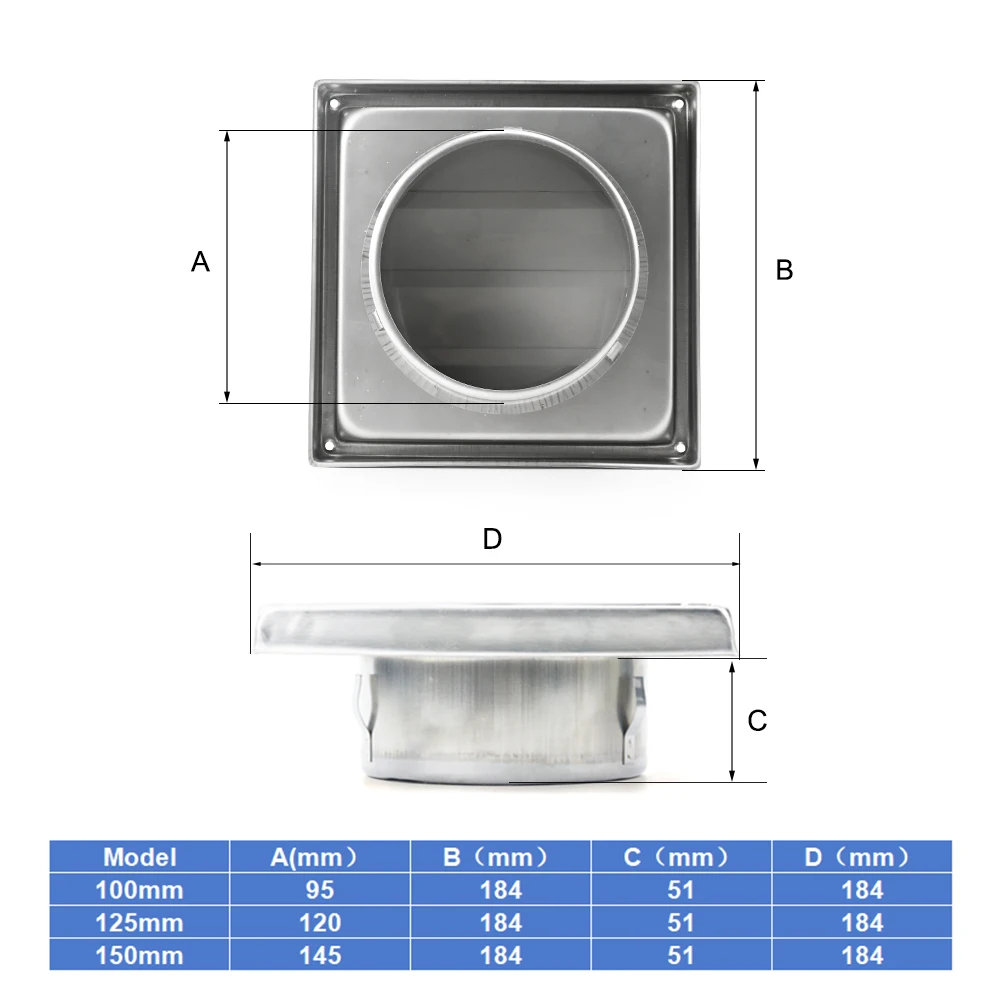 304 Stainless Steel Air Vent Duct Grill Air Outlet Windproof Rainproof Bathroom 100/125/150mm