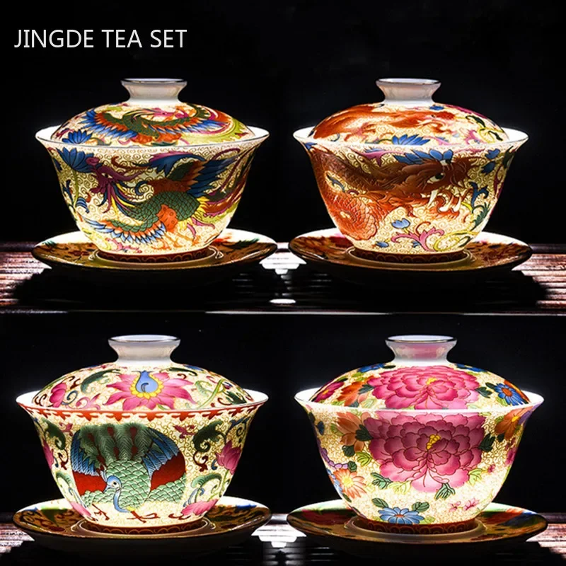 Palace Enamel Dragon Pattern Ceramic Gaiwan Chinese Handmade Teacup Travel Tea Bowl Home Teaware Accessories Drinkware 170ml