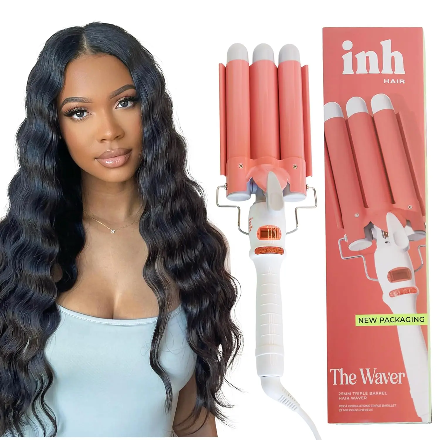 

Плойка-стайлер для создания пляжных волн с тремя керамическими цилиндрами, двойным напряжением, LED-экраном и вращающимся шнуром, подходит для всех типов волос