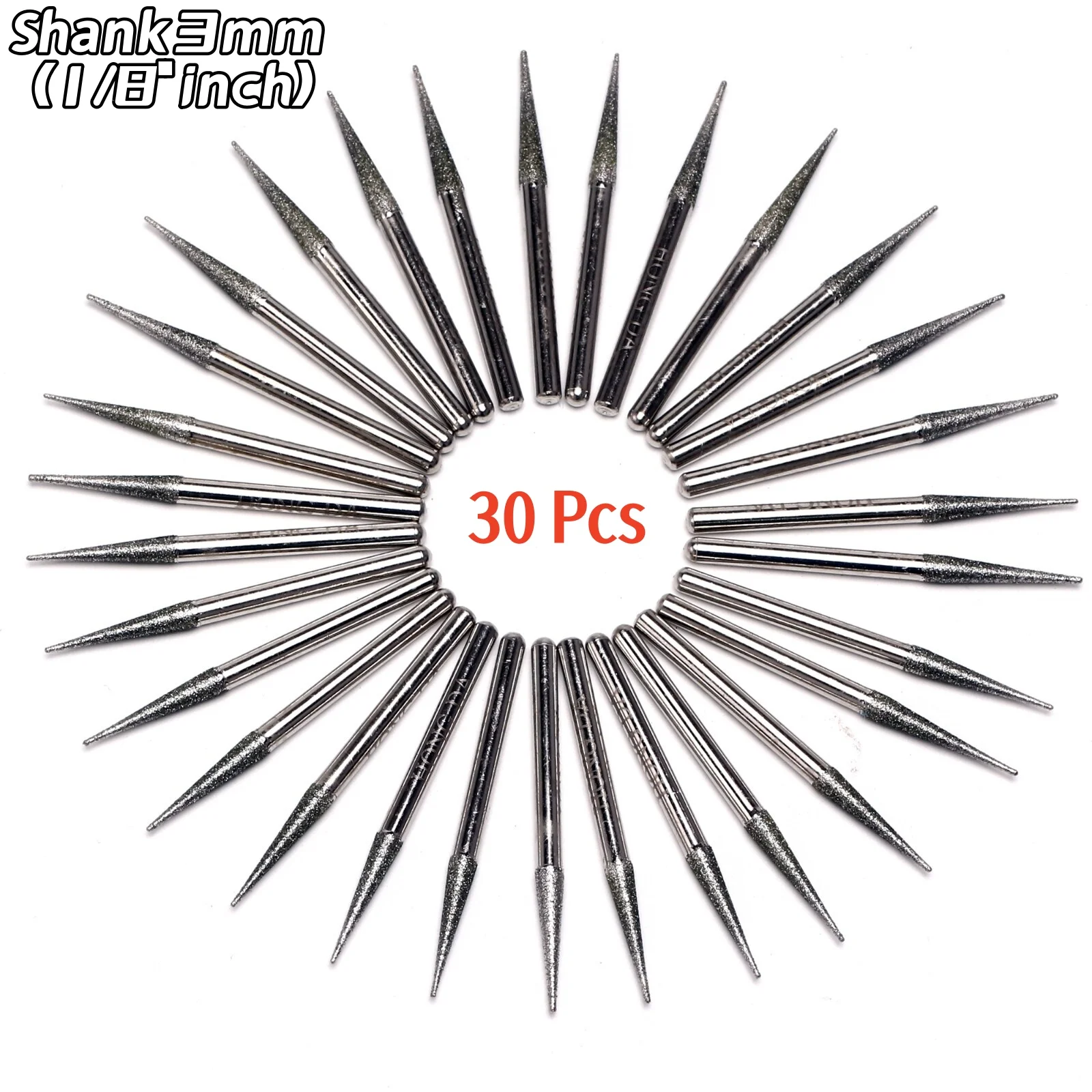 30Pcs 3.2mm Tapered Point Diamond Grinding Bit 1/8