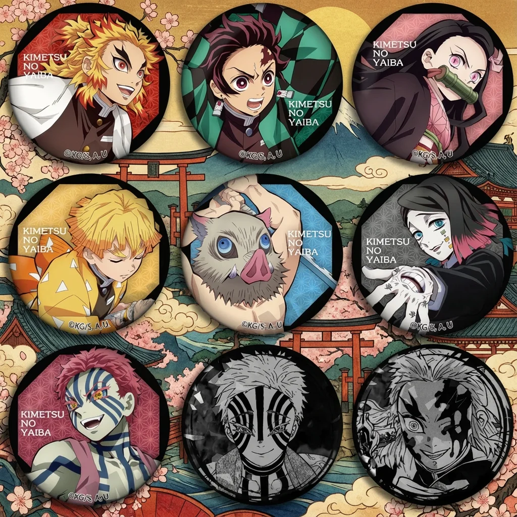 

Demon Slayer Mugen Train Anime Badge Bag Charm Accessory Kyojuro Rengoku Akaza Enmu Pin Brooch Collection Gift for Fans Cosplay