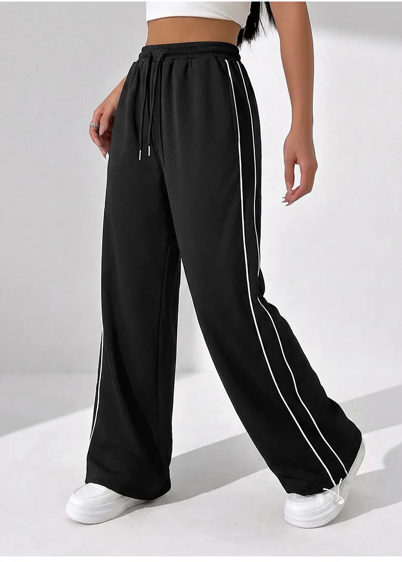 Damen-Sporthose mit weitem Bein, doppelseitigen Streifen und Kordelzug, lockere Hose für Fitness, Laufen, Freizeit, hohe Dehnbarkeit, sportliche Hose – Detail 9