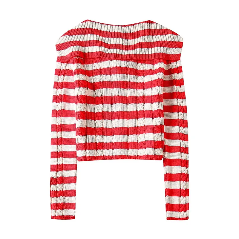 TRAF Cable Knitted Cardigan For Women Red Striped Knit Cardigan Woman Long Sleeve Cropped Sweaters Spring Button Short Cardigan