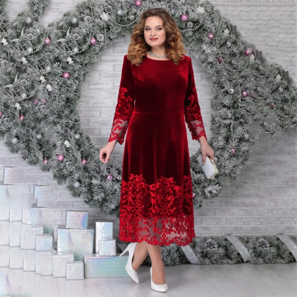 Laxsesu Red Tea Length Mother Of The Bride Dresses Sheer Neck Sheath Long Sleeves Velvet Groom Mother Dresses 2022 Plus Size