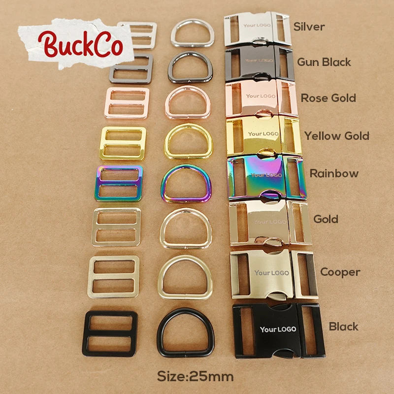 100set Engraved mixed size(metal buckle+Tri-Glid+D ring)for luggage backpack collar DIY accessory 8 Colours 15mm to 30mm 4 sizes