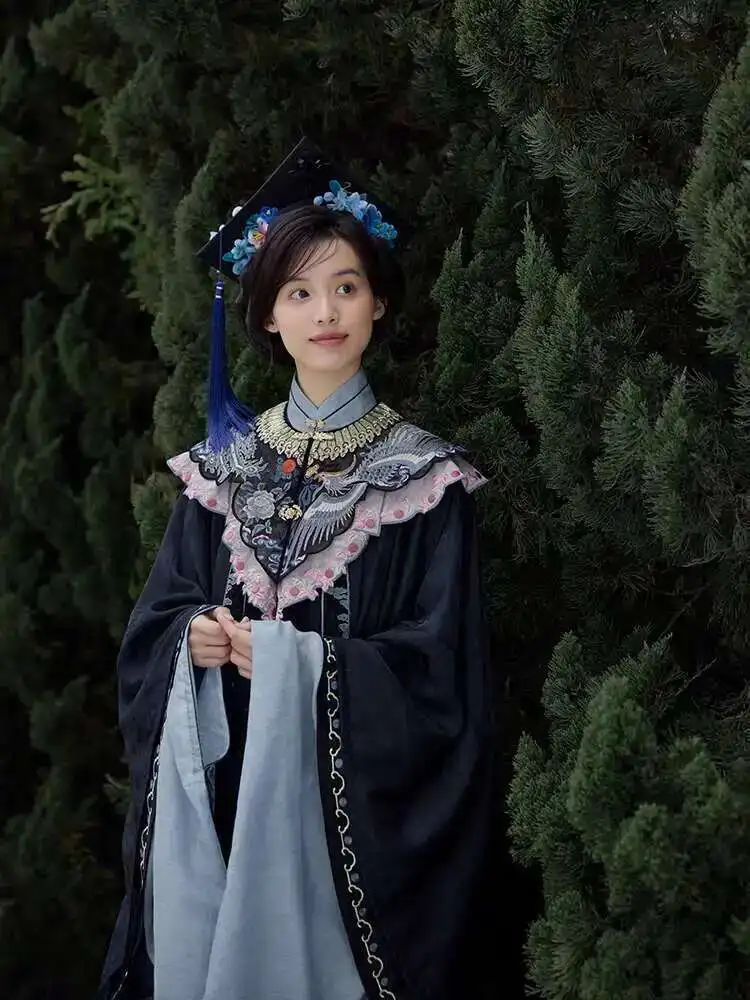 

New Chinese Style Embroidery Cloud Shoulder Academic Dress Chinese Style Hanfu Graduation Uniform Blue