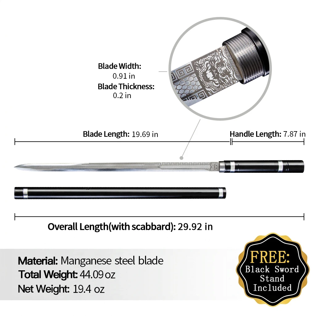 Stick Swordc Carbon Steel Handle & Sheath Manganese Steel Blade Chinese Traditional  Martial Arts Decorative Cane Sword