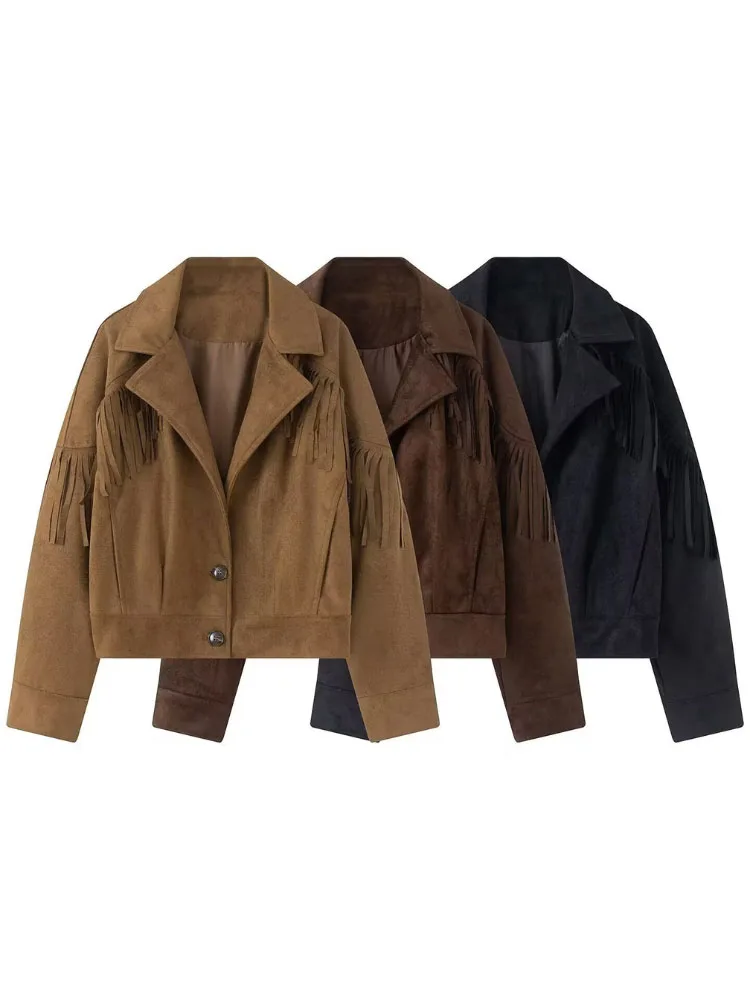 HH Mature Elegant 3 Colors Fringed Faux Suede Cropped Jacket Women Fall Lapel Button Front Office Dinner Polished Chic Outerwear