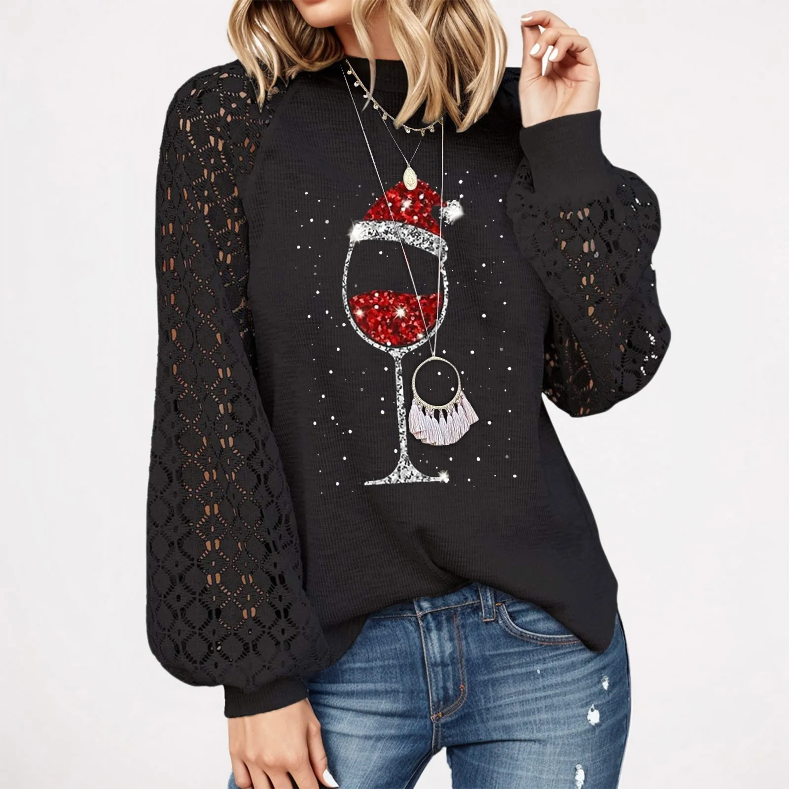 Blouse Pullovers For Women Christmas Wine Glass Print Lace Crochet Long Sleeve Crewneck T Shirts Knit Pullover Loose Blouses Top