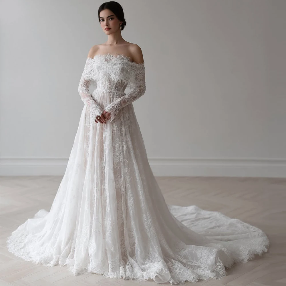 

Customized Long Sleeves Wedding Dress with Off the Shoulder Elegant A-Line Strapless Bridal Gowns Dreamy Lace Vestido De Novia