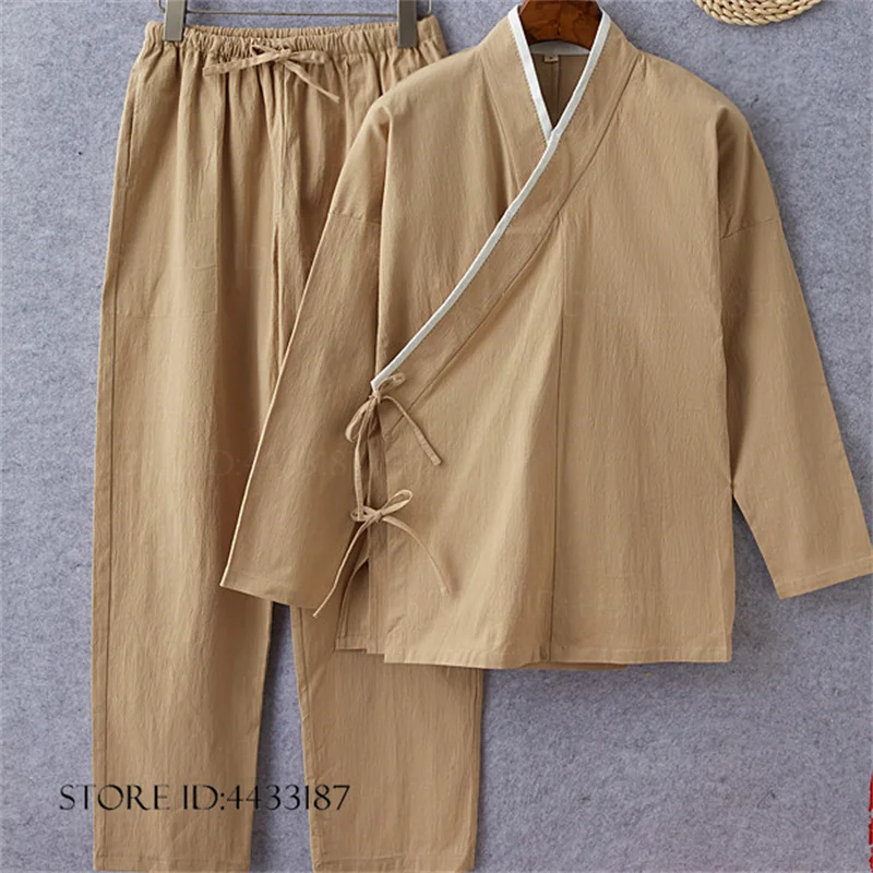 Men Chinese Style Linen 2 Piece Set Cross Wrap V Neck Long Sleeve Top Drawstring Loose Pants Retro Zen Meditation Casual Outfit