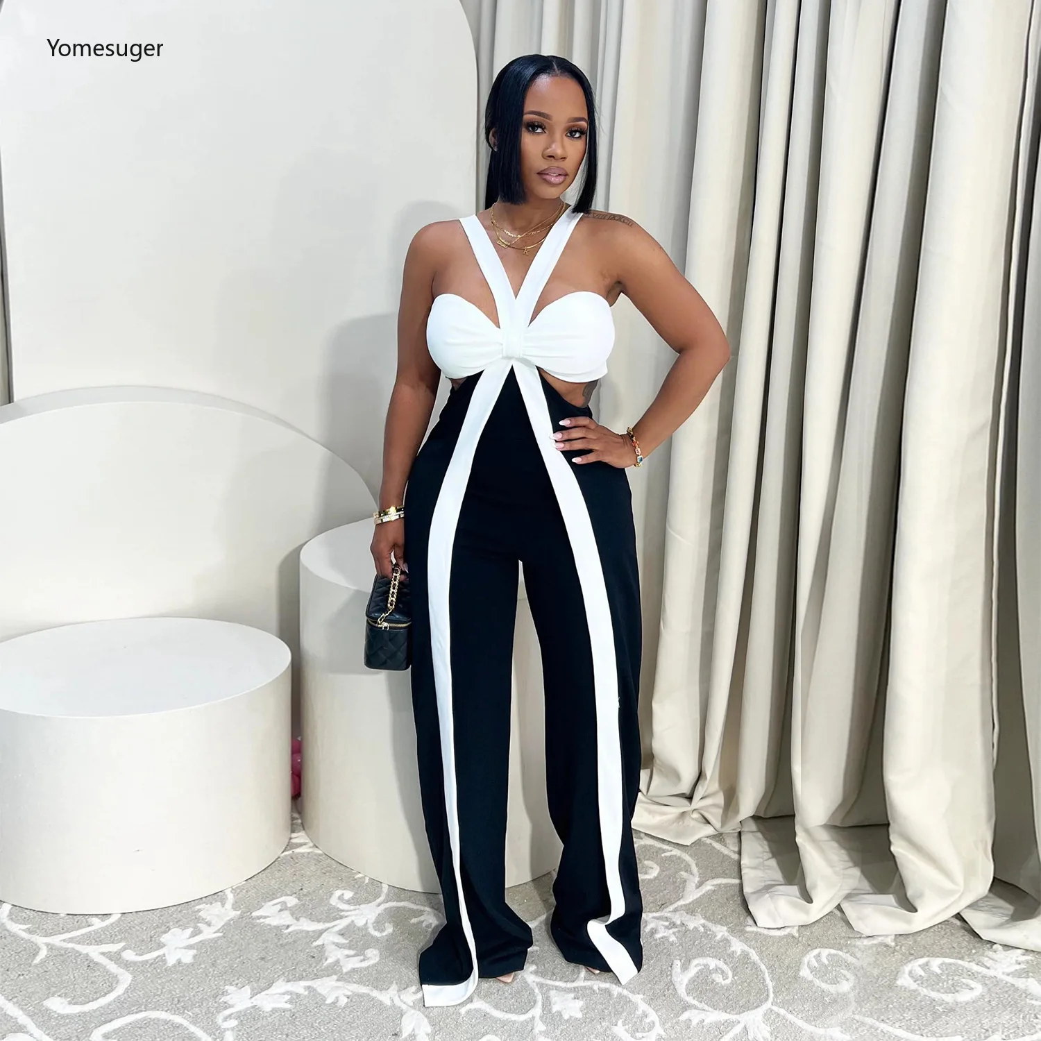 

Yomesugar Women Hipster Sexy V-neck Wrap Chest Sleeveless Backless Wide Leg Jumpsuits Party Club Skinny Rompers Streetwear