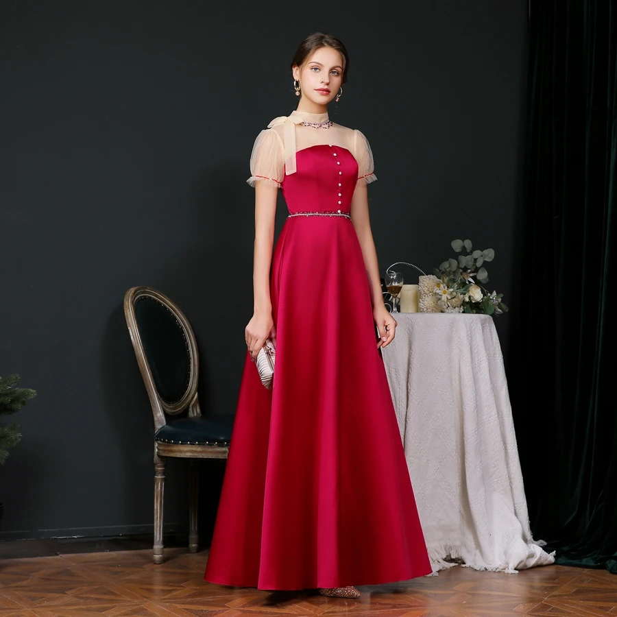 

Clearance Evening Dress Elegant Banquet Wine Red Short Sleeve A-line V-neck Floor-length Long Prom Party Gowns for Women